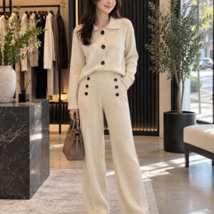 Beige Ribbed Knit Statement Button Trousers