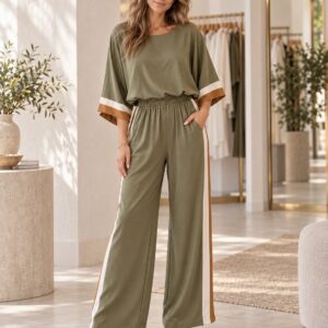 Olive Contrast Stripe Silky Two-Piece Set